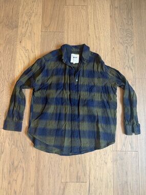 aerie Olive and Navy Oversized Plaid Button-Down Shirt XXS